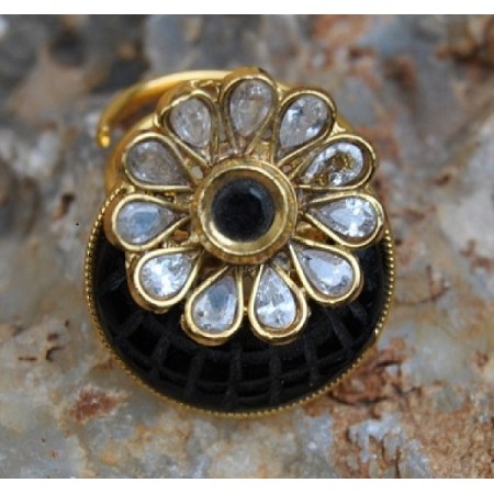 Flower Overlay Semi-precious Finger Ring with Black Stone